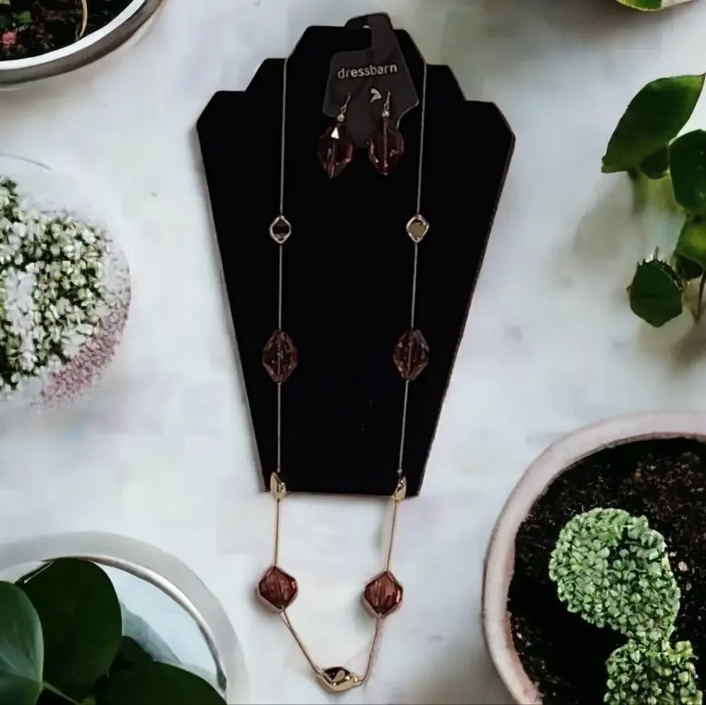 Dressbarn Necklace & Earring Set Brown & Gold Tone Long Faux Crystal Beads